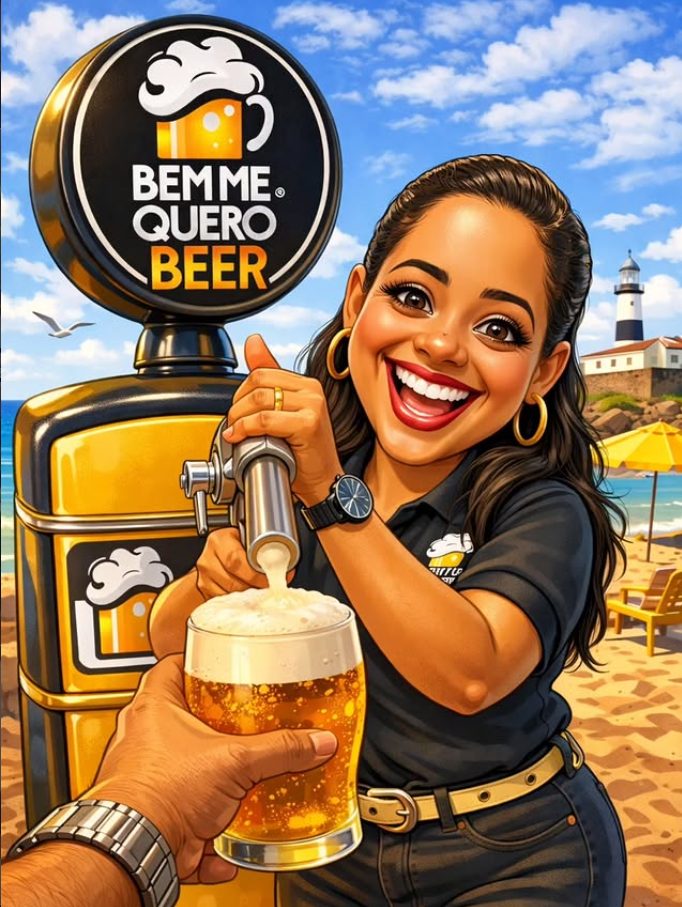 Ilustração da Bem Me Quero Beer servindo chopp na praia em Salvador