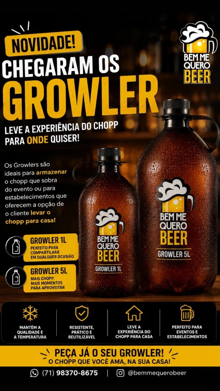 Novidade: chegaram os growlers Bem Me Quero Beer de 1 litro e 5 litros. Leve a experiência do chopp para onde quiser.